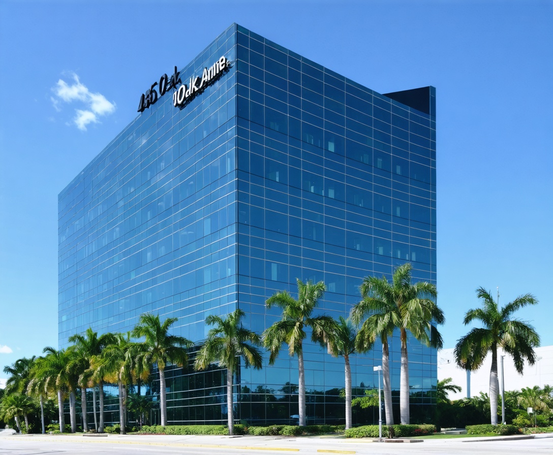 Внешний вид современного стеклянного здания Miami Digital Skills Center в Coconut Grove